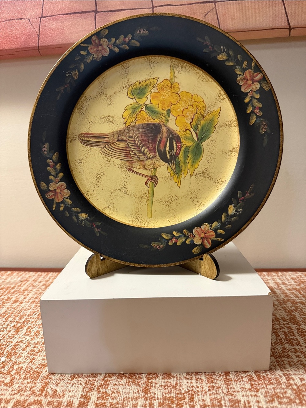 Decorative Bird Floral Accent Plate in Black and Yellow